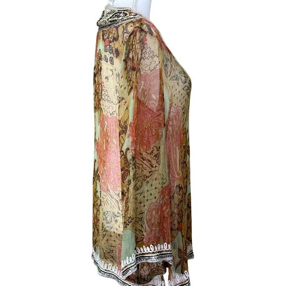 Soft Surroundings rust/green/brown sheer beaded top, bohemian, resort, global - Picture 2 of 7